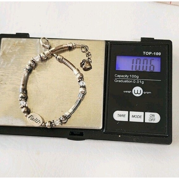 Sterling Silver Beaded Faith Crystal Heart Charm Bracelet 8" - Picture 7 of 7